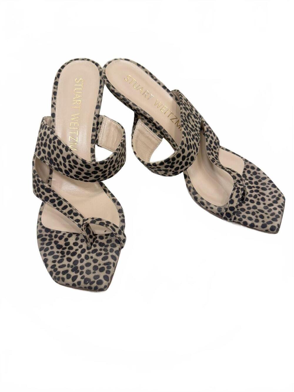 Stuart Weitzman Lyla 75 Cheetah Calf Hair Asymmetric Toe Loop Sandal Mules 7.5